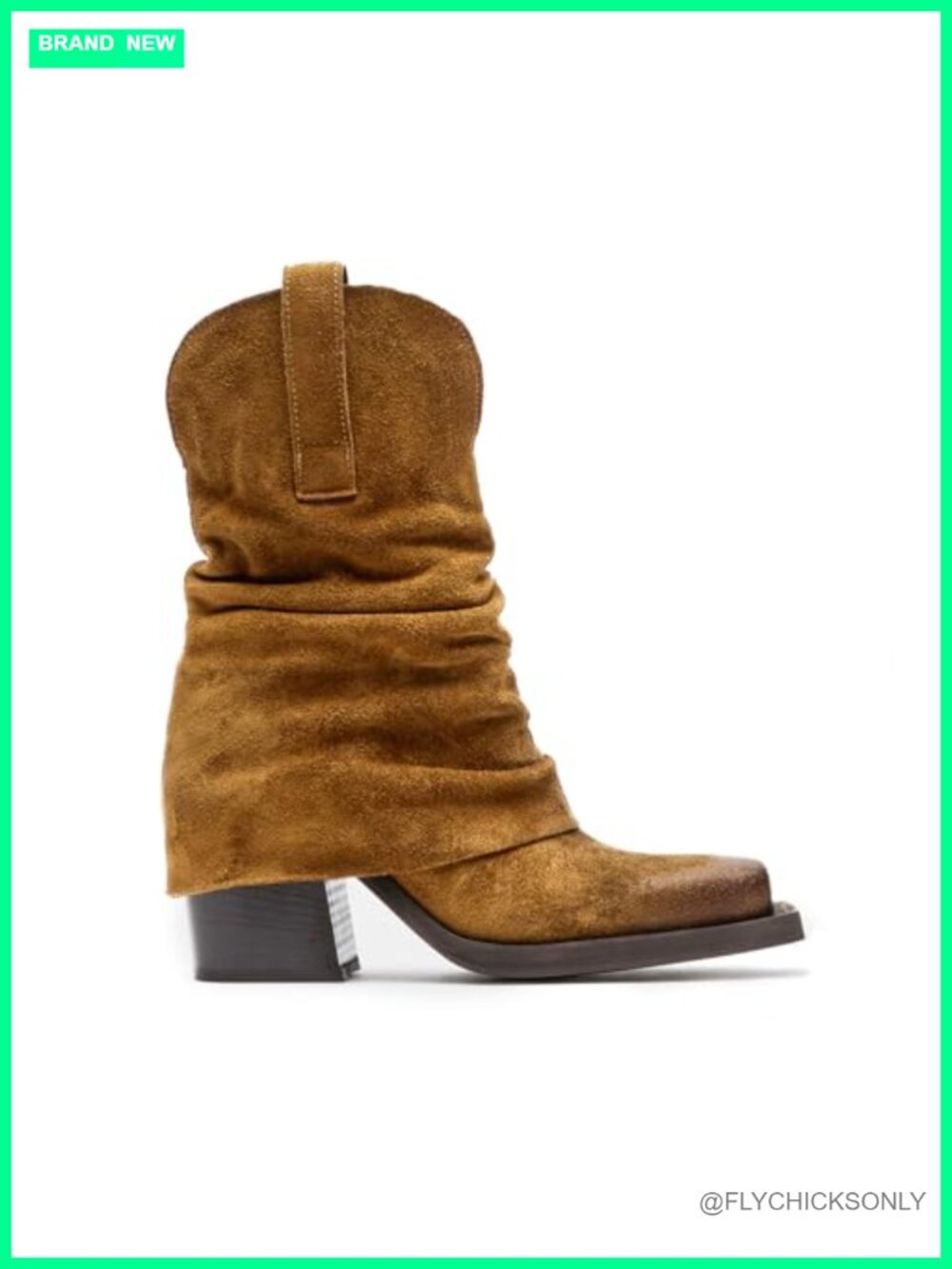 Faux Suede Fold Over Boots Square Toe Chunky Block Heel Mid Calf Pull On Western